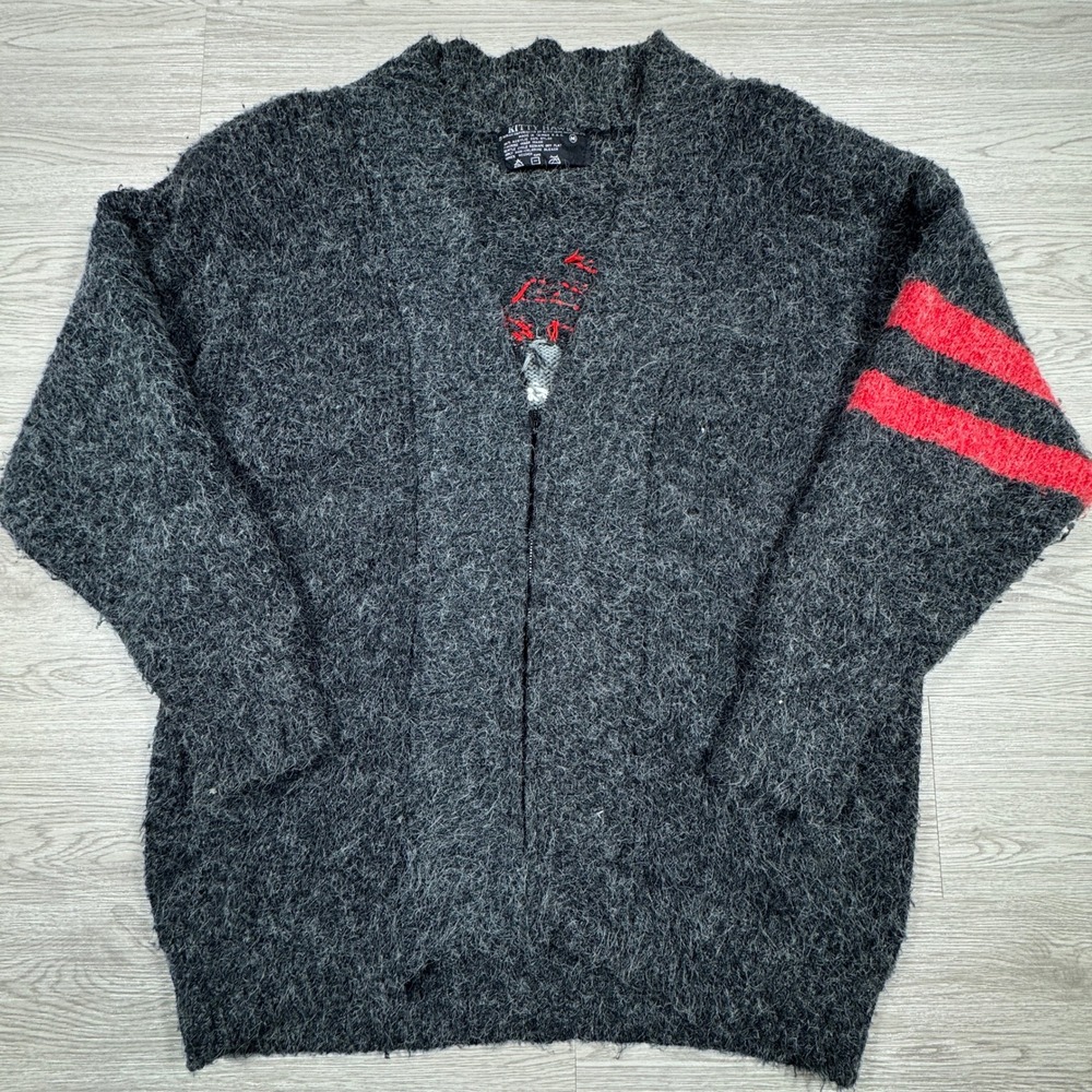 Kitty Hawk Mens Cardigan Sweater Medium Gray Fuzzy Knit Headdress Graphic‎